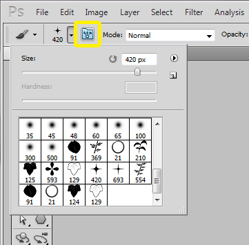 The toggle brush panel button is highlighted